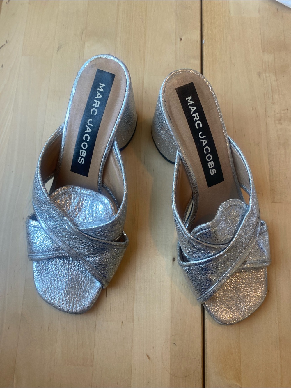 Marc Jacobs Metallic Silver Crisscross Block Heel Mules 39.5